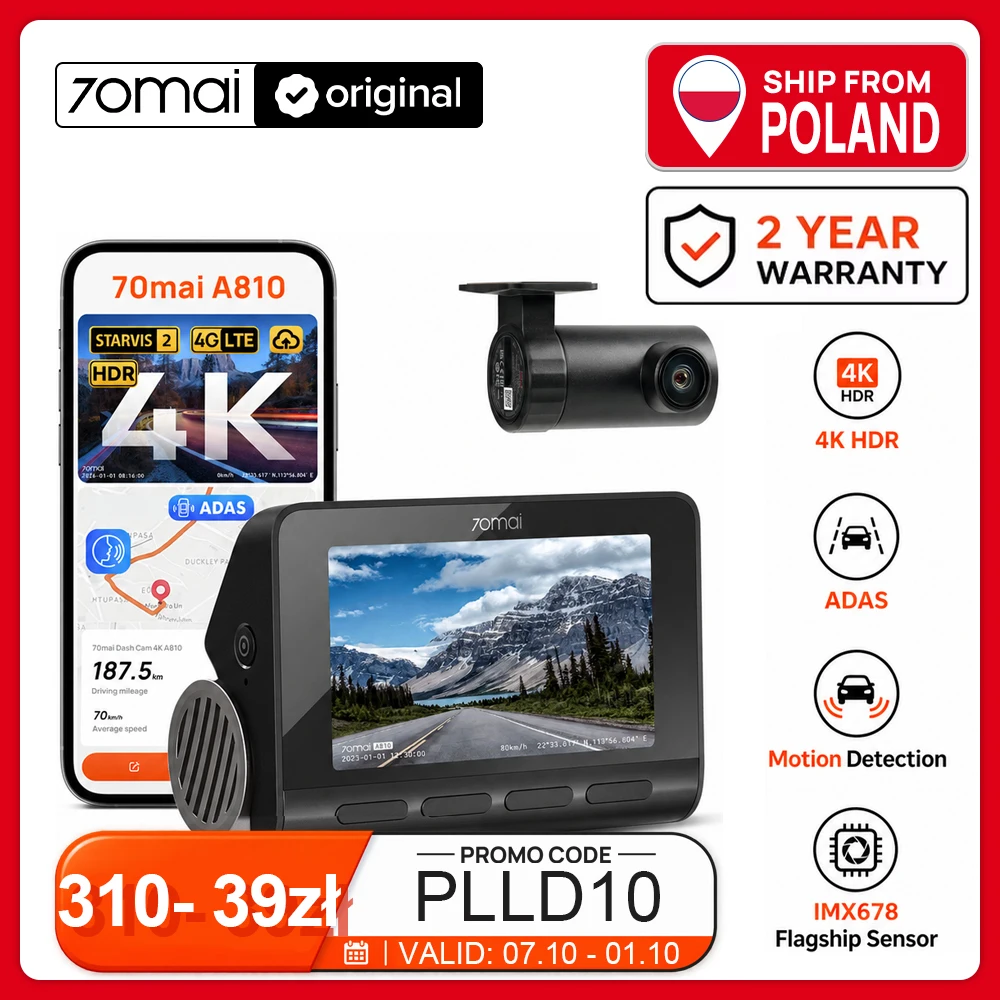 Dash Cam 70mai 4K A810 Ultra HD 150 ° Monitoraggio Parcheggio 24 Ore FOV ADAS, Coordinato da GPS Integrato, WIFI e 4G per Condizioni Meteorologiche Estreme