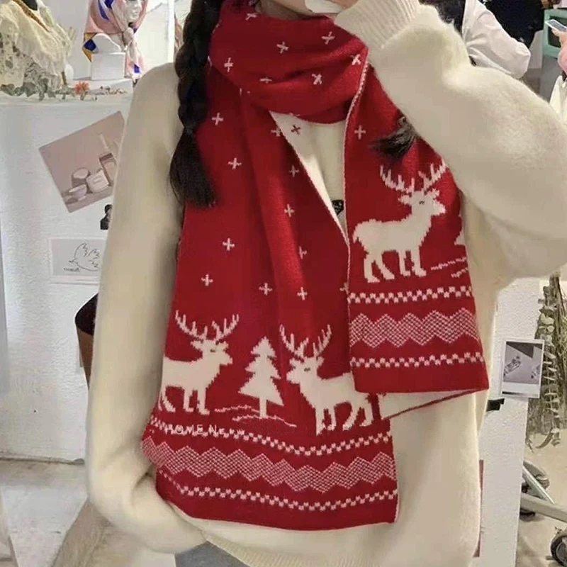 Fashion Versatile Knitted Winter Warm Scarf For Women Men Deer Elk Double-Sided Couple Scarves PlainShawl Girls Christmas Gifts