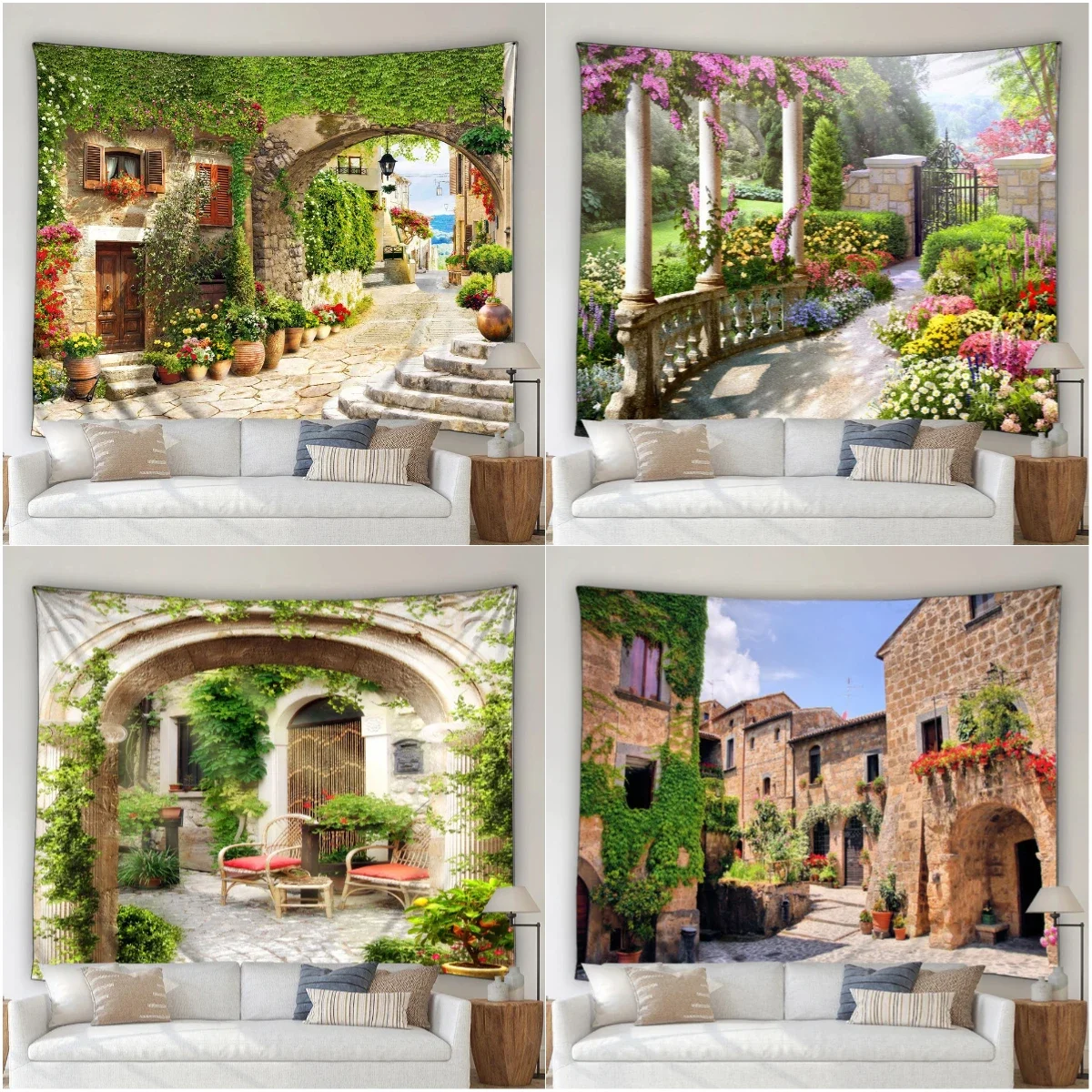 

Street Scenery Tapestry Europe Italy Flower Spring Modern Plants Coastal Garden Home Live Room Dorm Decor Wall Hanging Washable