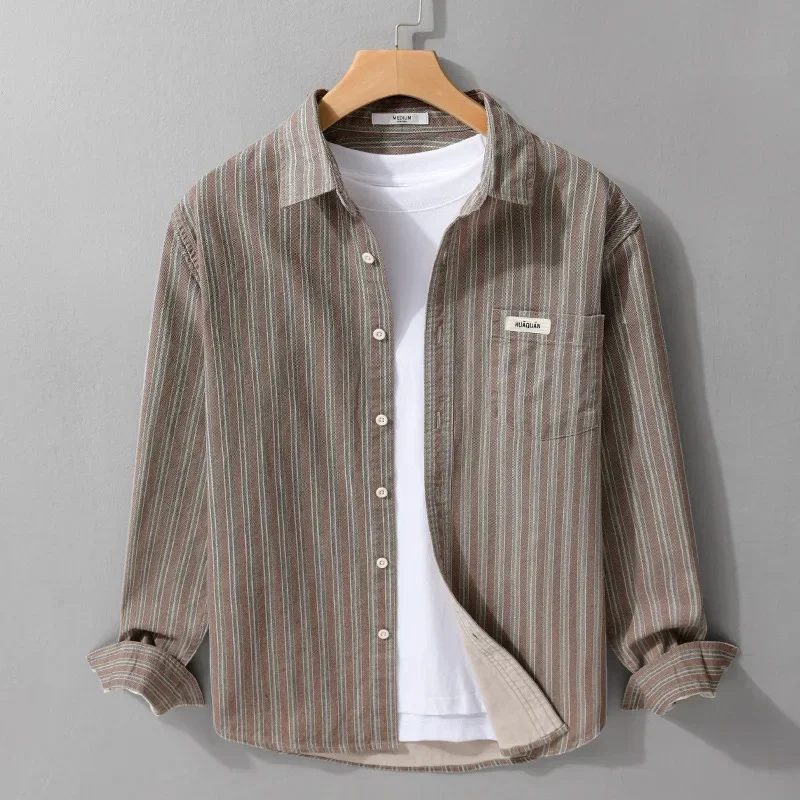 Japanese Style Retro Striped Shirt Man Long Sleeve Spring Summer Daily Casual Shirts Lapel Pure Cotton Top Comfort Men Clothing