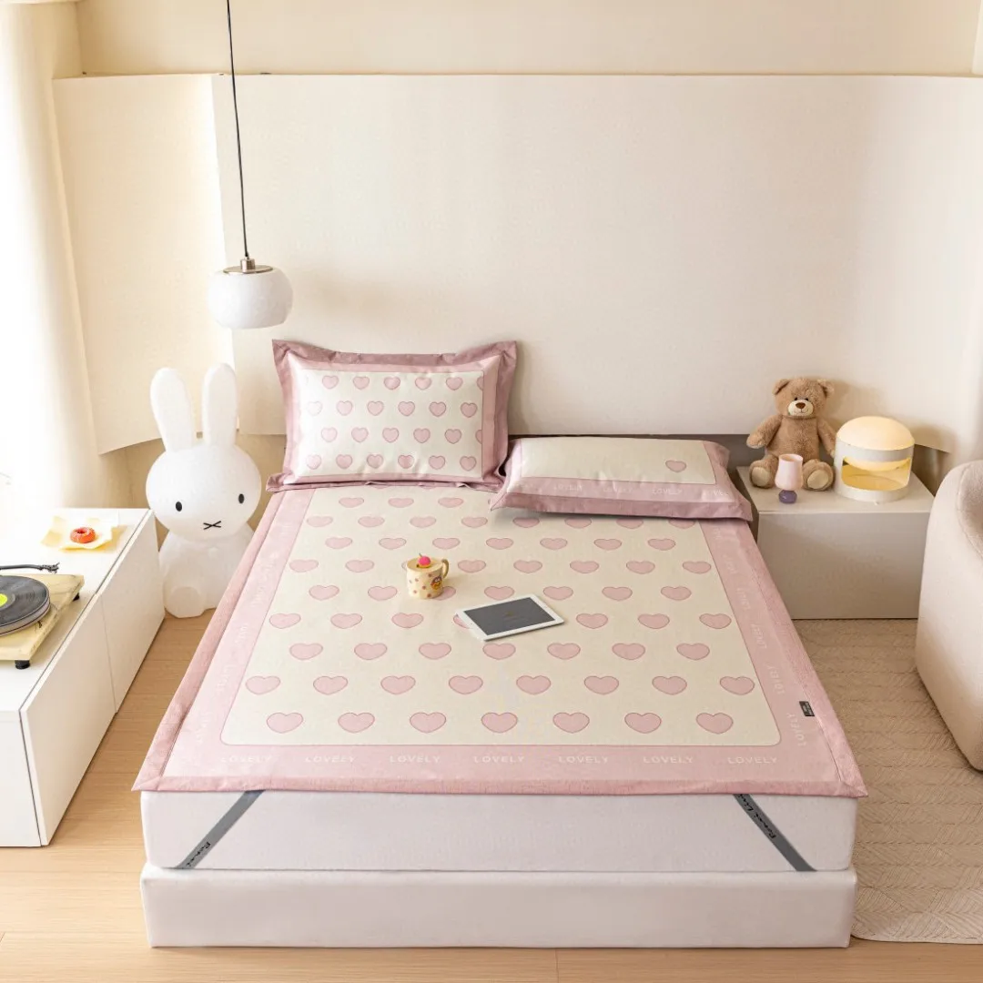 Cute Bear Printed Summer Ice Silk Three-Piece Set of Summer Sleeping Mat Can Be Wash Folded Cool Air Conditioning Soft Mat