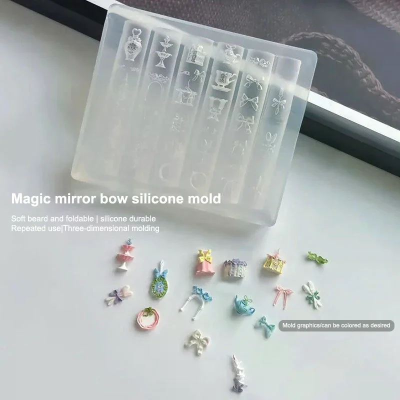 Transparent Nail Art Silicone Carving Mold Bowknot Mirror Teacup UV Gel Polish Art Mould DIY Design Nail Charm Stencils Decor