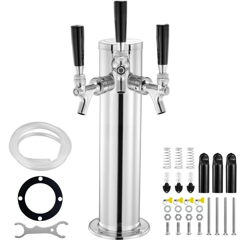 Triple Taps Draft Beer Tower Dispenser Stainless Steel Keg Beer Tower Kegerator Tower Kit Pre-Assembled Tubing for Bar