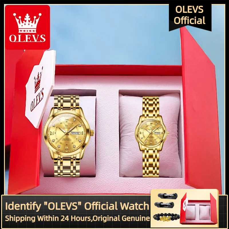 OLEVS 5513 ساعة كوارتز للزوجين للرجال والنساء له أو لها من الفولاذ المقاوم للصدأ مقاومة للماء مجموعة Gif للزوجين الماسية الفاخرة