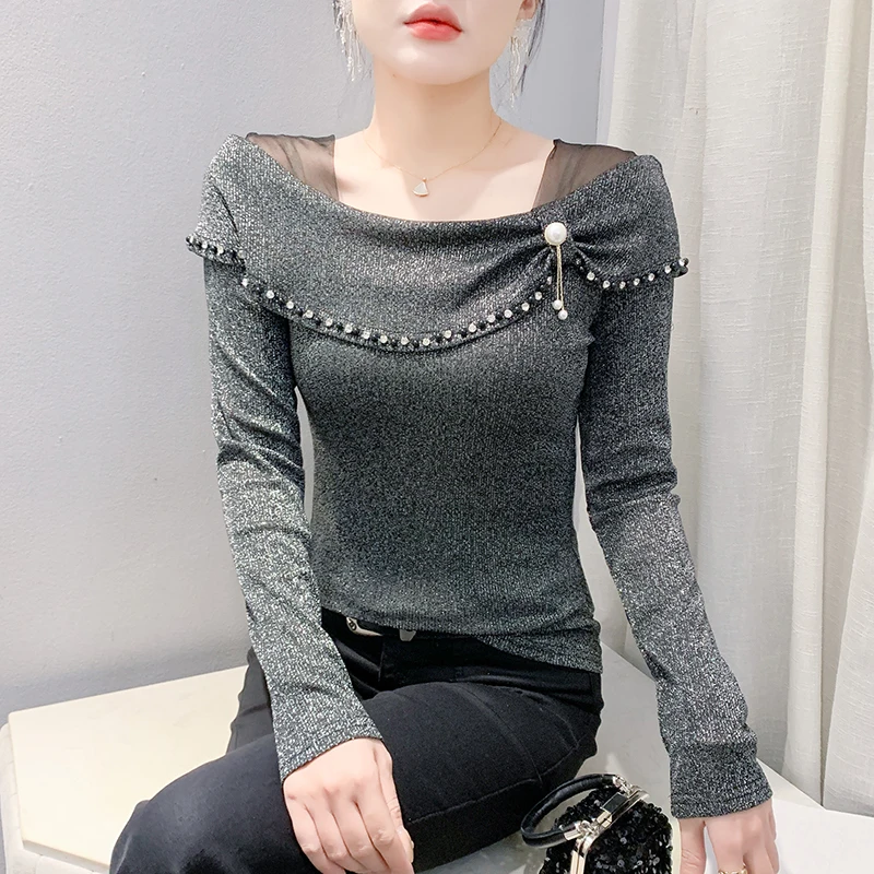 New 2025 Spring Long Sleeved Square Collar Mesh Tops Elegant Slim Patchwork Beading Ruffles T-Shirt Women Clothing