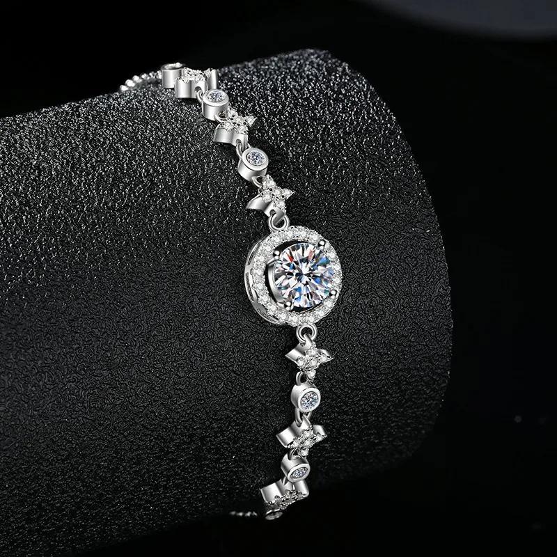 Star Halo Moissanite Bolo Bracelet 925 Sterling Silver Adjustable Slider Dainty Celestial Gift for Women