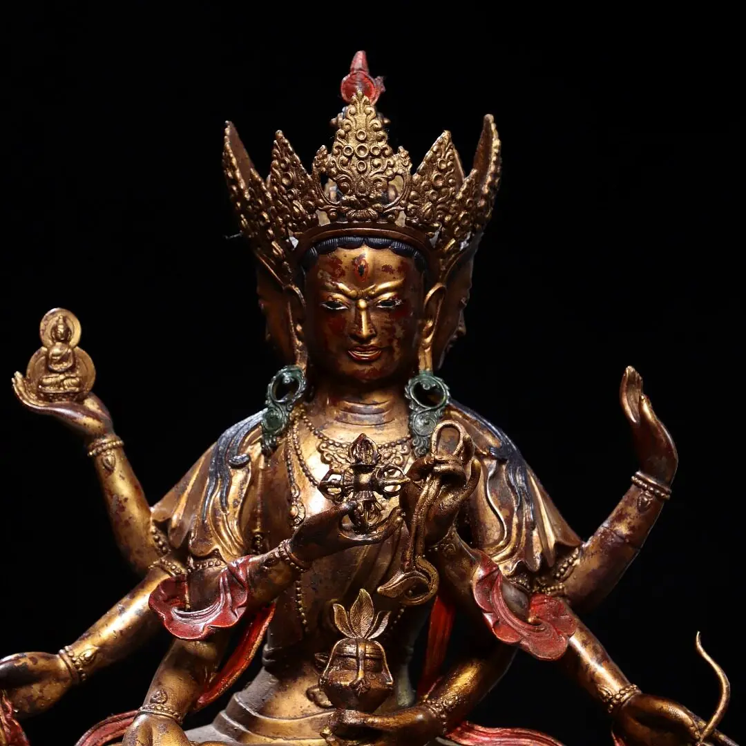 Large Ushnishavijaya Tara Statue Copper Clay-Gold Eight-Armed Vintage Desktop Altar Home Decor