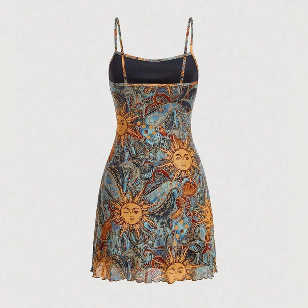 Dreeses moda de verano Hotsweet diseño de estampado gráfico sin mangas cuello cuadrado Mini Casual Cami Milkmaid vestidos de mujer