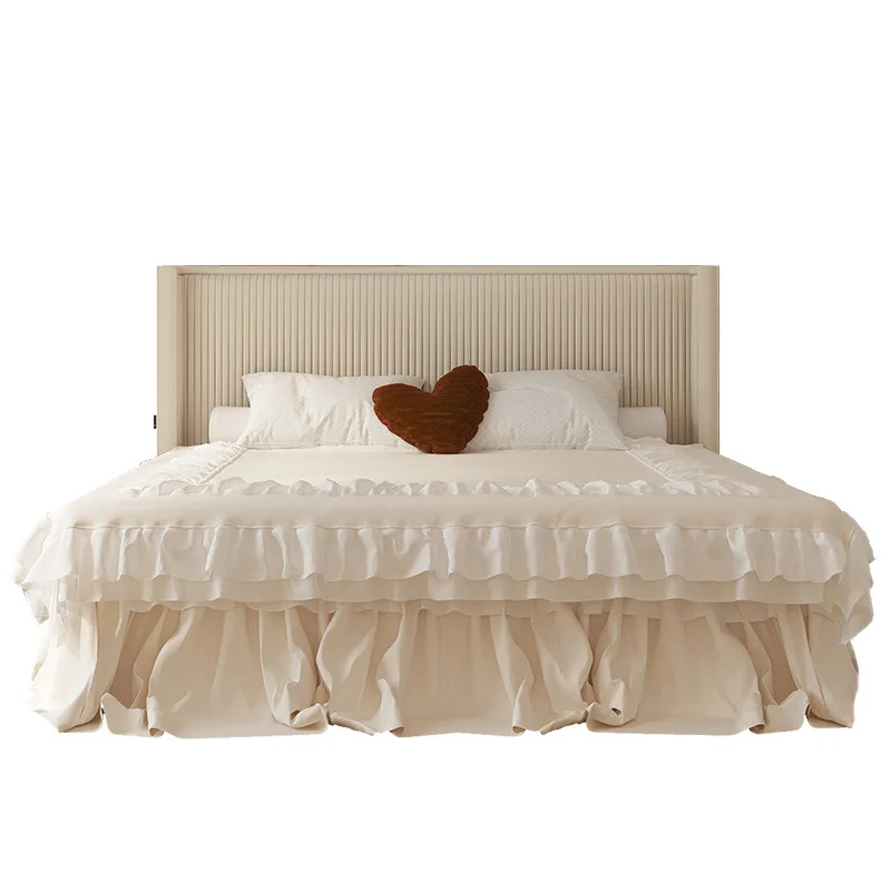 

French retro velvet fabric bed, modern simple solid wood bed