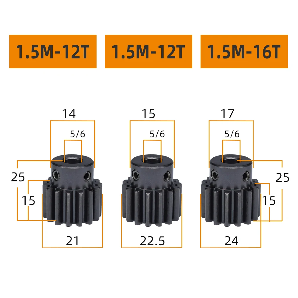 Spur Gear 1.5M12T 13T 14T Bore 5/6 mm Blackening SC45#Carbon Steel High Frequency Quenching Motor Gear Teeth Thickness 15 mm