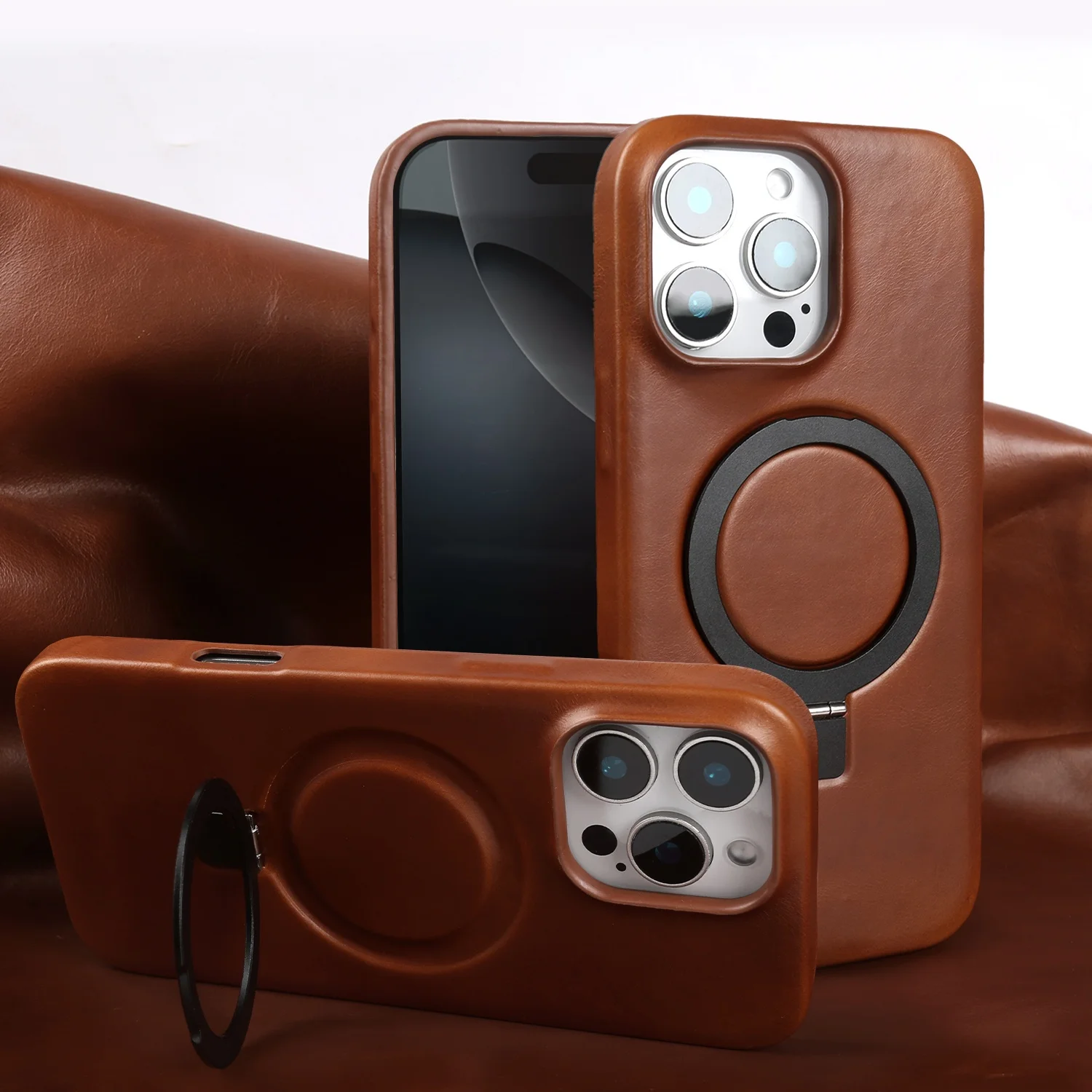 

Stand Bracket Genuine Leather Case For iphone 16 Pro Max 16e 15pro 14 13 12 11 Full Wrapped Phone Cases Cover+Magnetic Holder