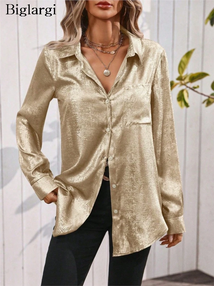 

Осенние рубашки, женские блестящие модные женские блузки с длинным рукавом, повседневные свободные женские рубашки в корейском стиле, топы