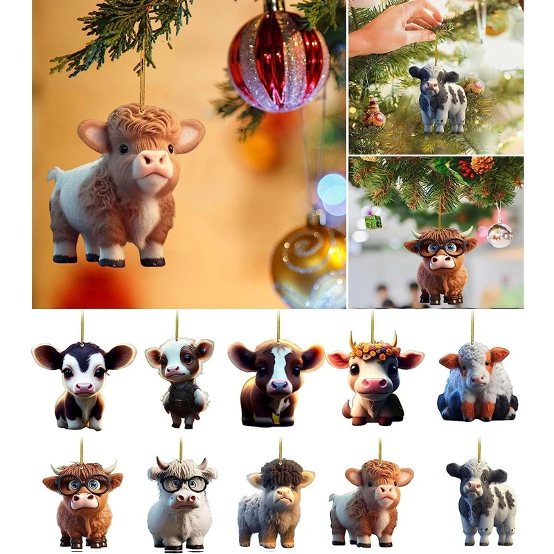 

Cartoon Cow Decorative Hanging Ornament for Cars Backpacks Cute Acrylic Highland Cow Pendants Christmas Tree Decorations