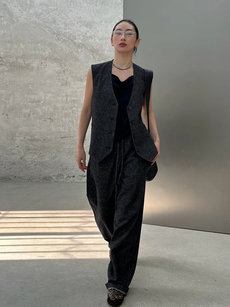 

Bodhl Retro Denim Set High Waist Elastic V-Ne Women's Jeans Vest Two-Piece Suit Long Sve Long Pants Faionable