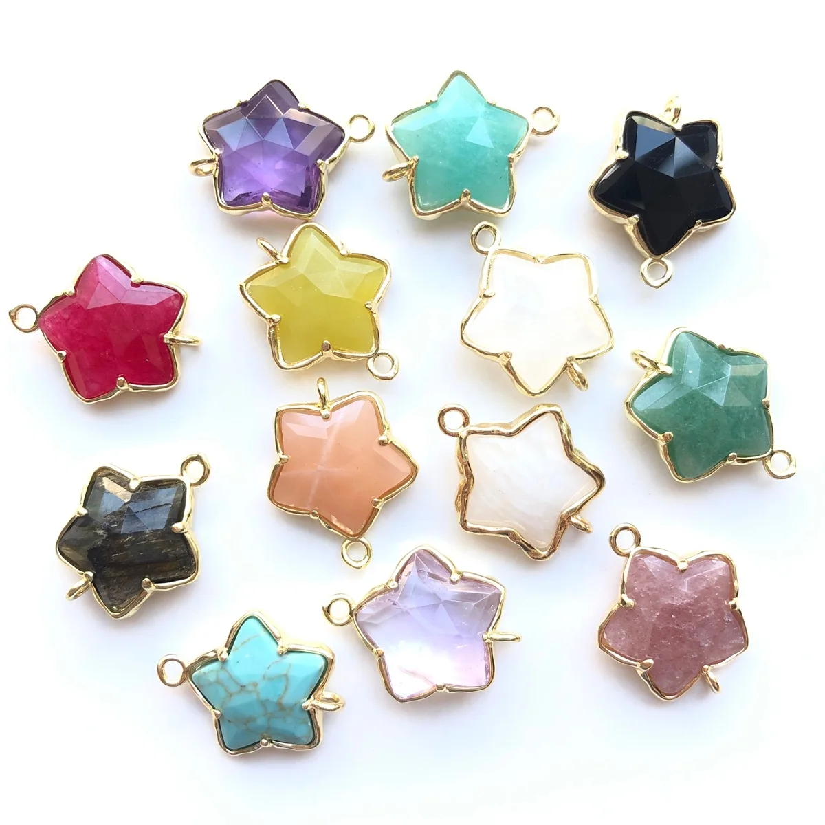 5pcs Gold-Plate Bezel Natural Labradorite Amethyst Quartz Stone Star Connector Pendant for Earring Necklace Bracelet Jewelry DIY