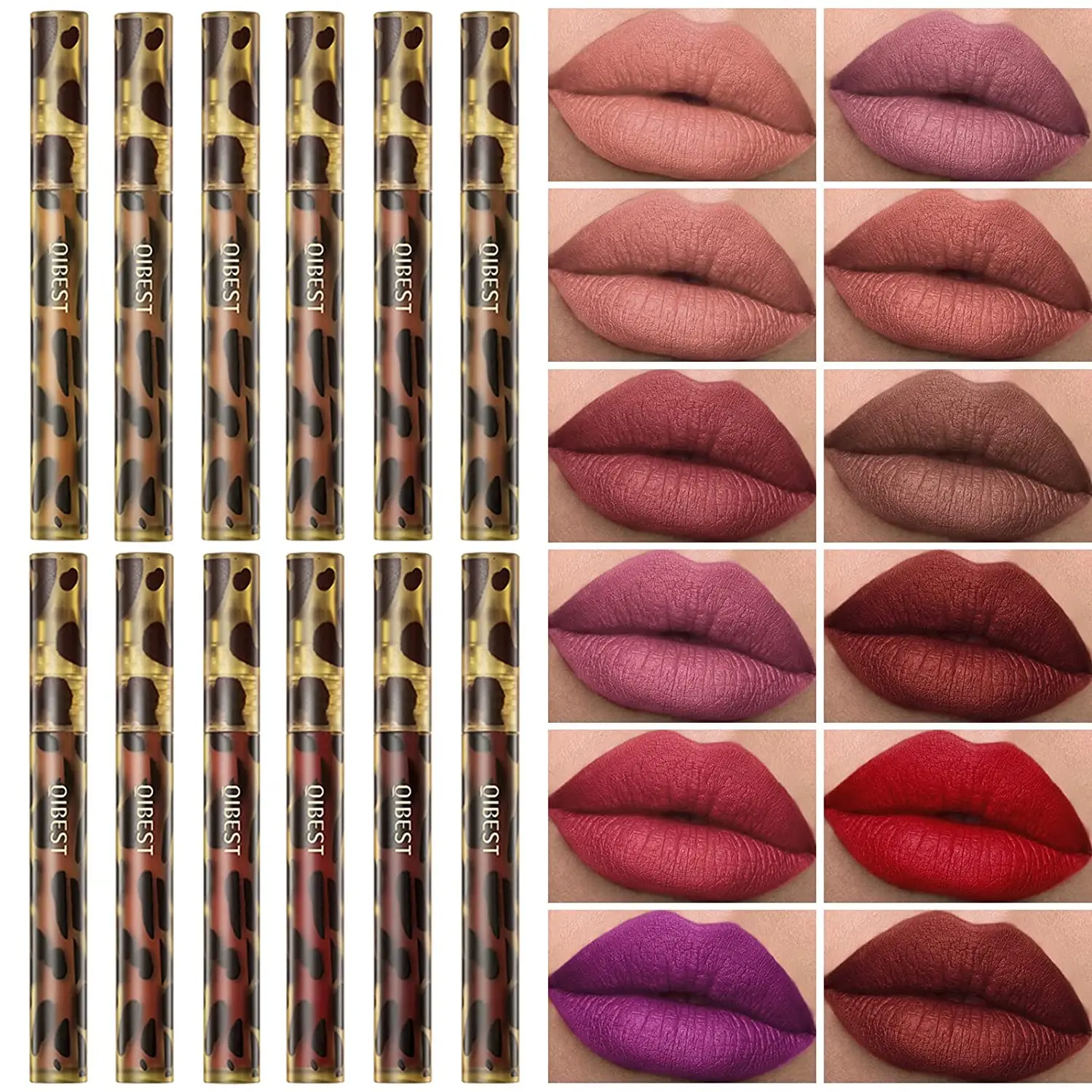 QIBEST 12 Colors Leopard Print Lipstick Velvet Matte Liquid Lipstick Waterproof Nude Lip Gloss Long Lasting Sexy Women Lip Tint