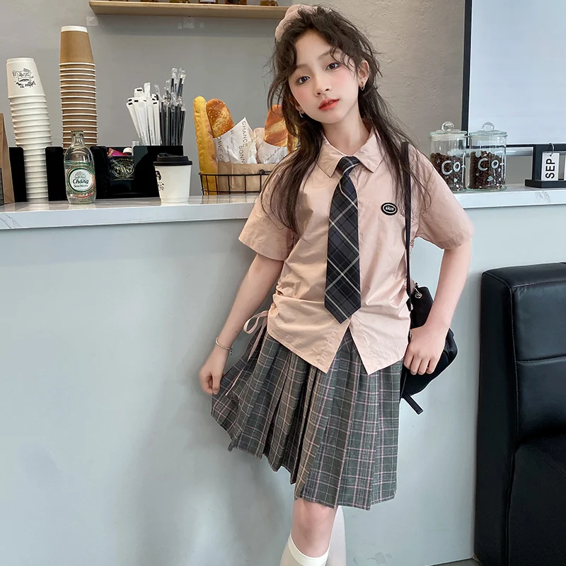 Japanese Korean Girls School Uniform Set Shirt +Pleated Skirt JK Cute Student Casual Plaid Skirt Uniform Children\'s Costume Suit