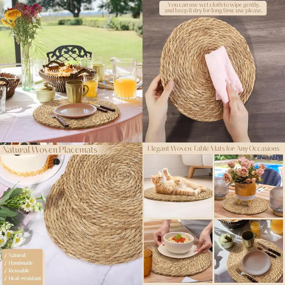 

12-Inch Natural Woven Round Placemats, Handcrafted Boho Rattan Wicker, Rustic Bulrush Mats for Farmhouse Dining & Kitchen Decor