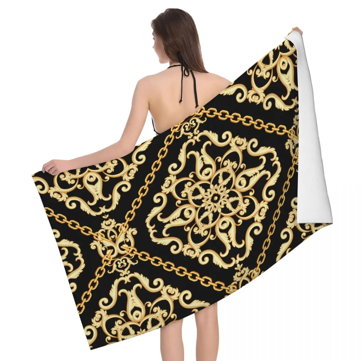 

Seamless Pattern Golden Beach Bath Towel Microfiber Baroque Floral Travelling Swimming Camping Towels