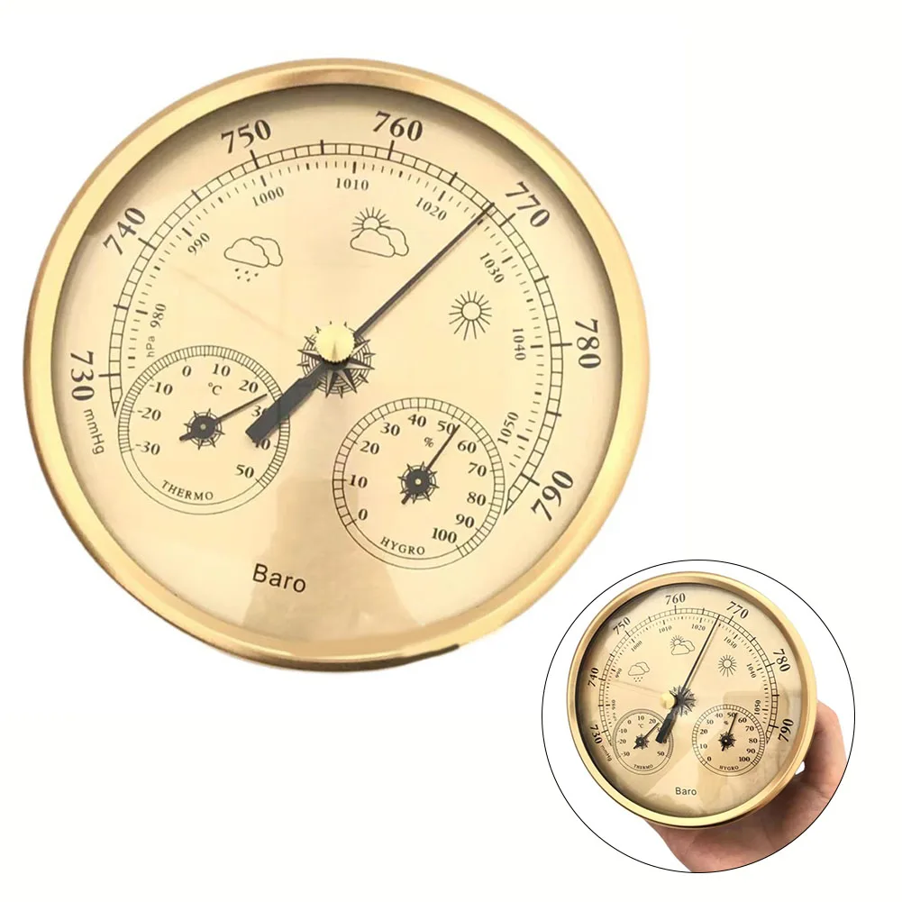 Gold Metal 3 In 1 Barometer Thermometer Hygrometer 130mm For Indoor Outdoor Weather Pressure Humidity For Temperature Monitoring