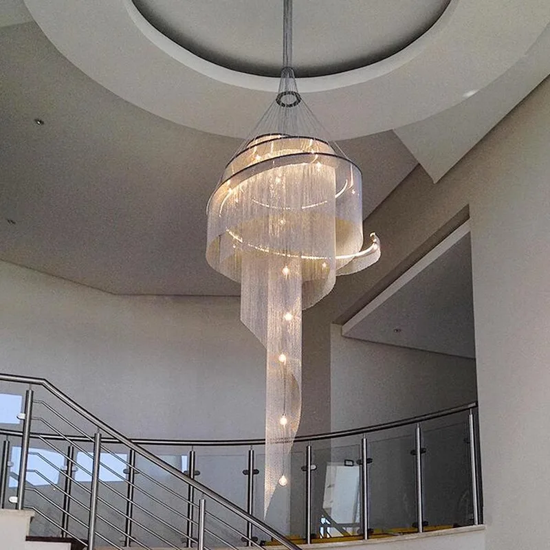 Postmodern Long Tassel Ceiling Chandelier Spiral Staircase Gold Silver Led Lustres Home Decor High Ceiling Lamps 2026