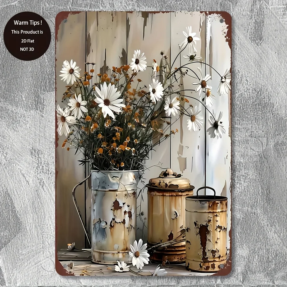 Rustic Daisy Vintage Wall Art Sign Distressed Metal Decor with Pre-Punched Holes, White & Brown Daisy Design in Metallic Buck
