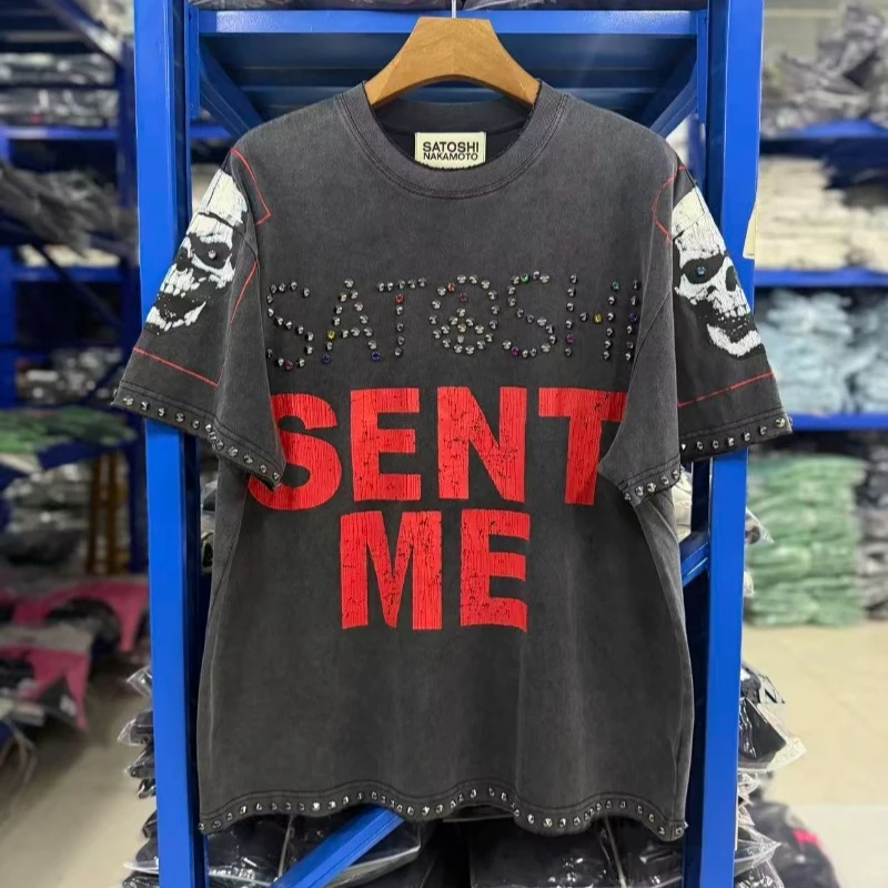 Oversized Satoshi Nakamoto Colorful Studded Logo Shirts Men Women Best Quality Skull Print Hip Hop Short Sleeve T Shirts