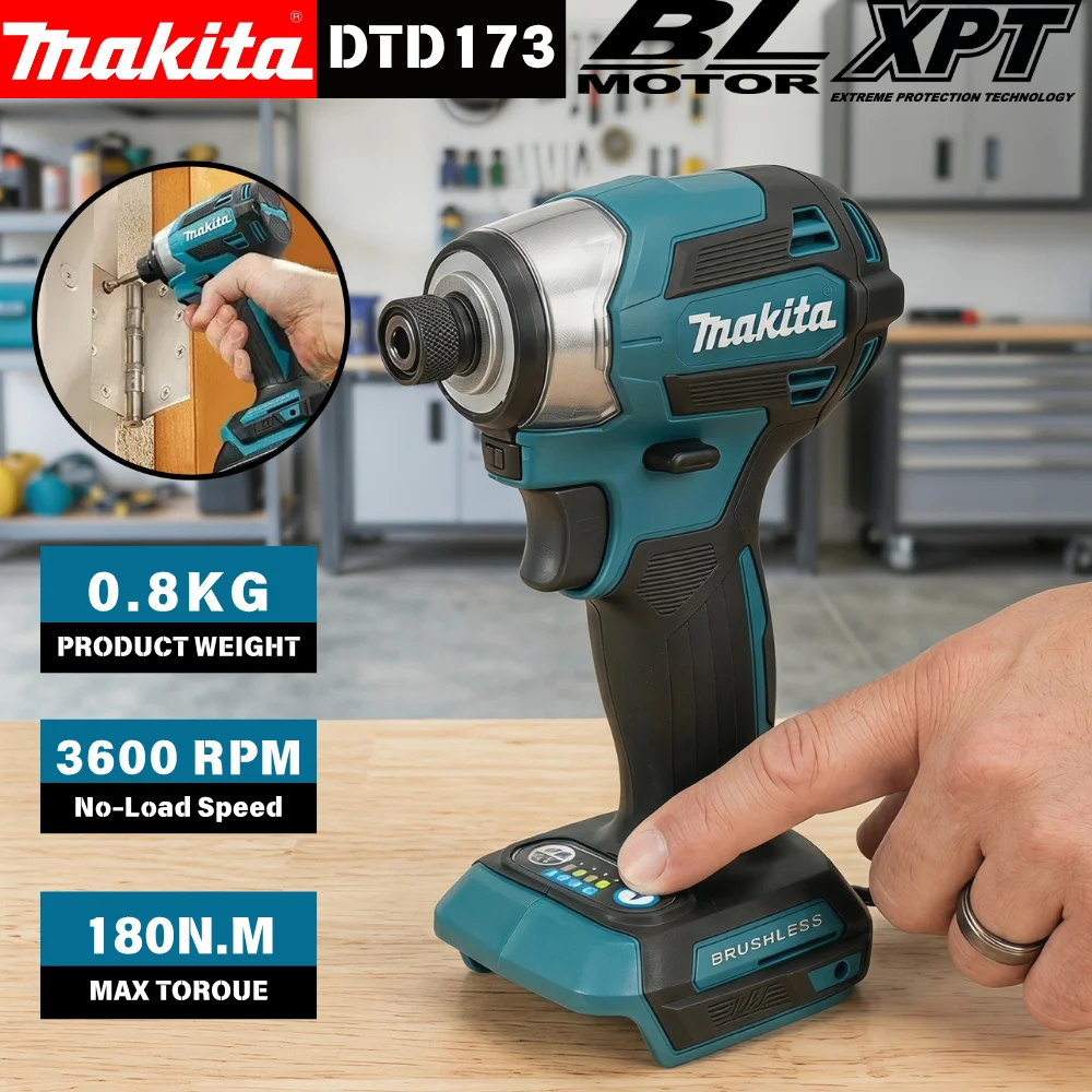Parafusadeira de Impacto Sem Fio Makita DTD173 18V Azul, 180Nm, Recarregável, Para Trabalhos em Madeira, Fixação de Parafusos, Reparos DIY
