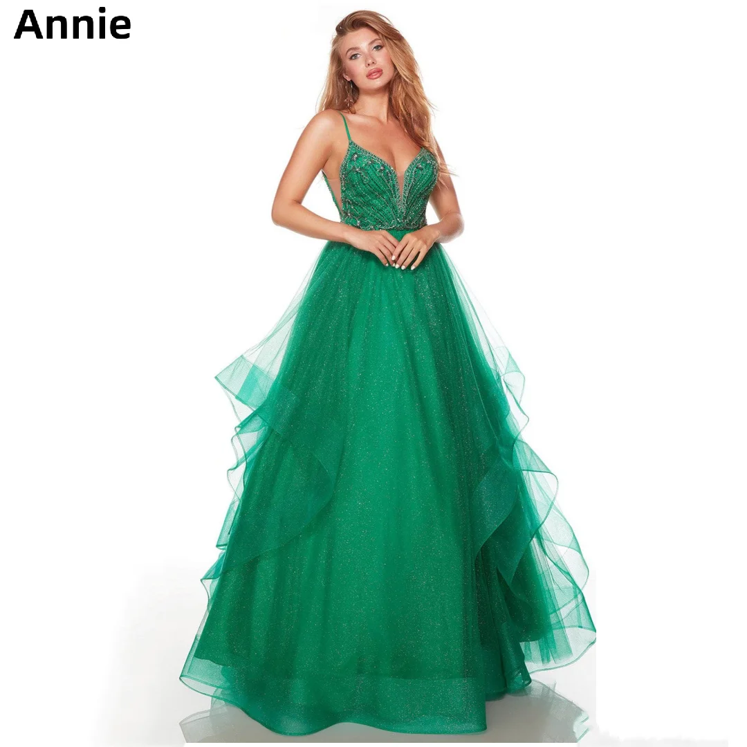 

Annie Shiny Organza Prom Dressess Multilayer V-neck Cocktail Custom Evening Dress A-line Women's Long فساتين سهره فاخره