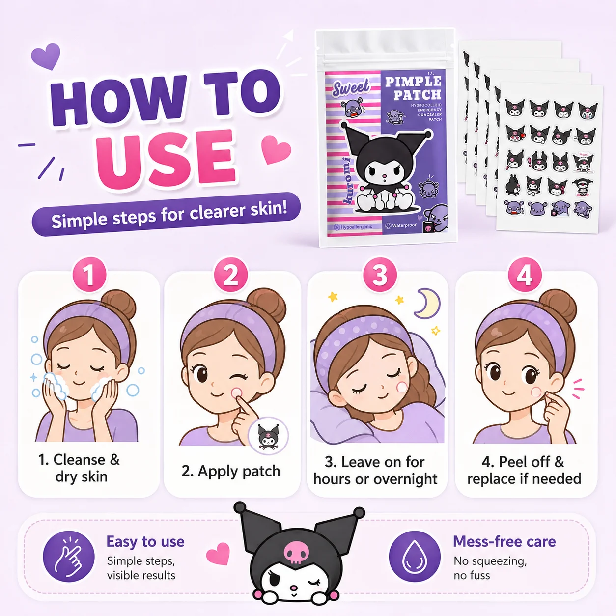 Adesivos para Espinhas Hello Kitty, 100 Unidades de Coberturas Hidrocoloidais para Acne, 25 Designs Divertidos, Suaves, Impermeáveis e Amigáveis à Pel