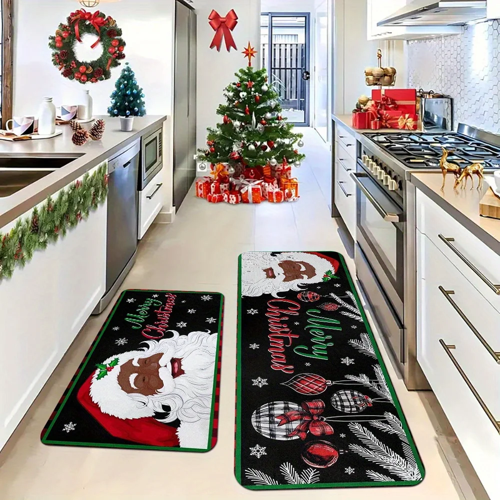 VIKAMA Christmas Kitchen Runner Set Non Slip Washable Black Background Santa Bauble Pine Branch Snowflake Floor Mats Xmas