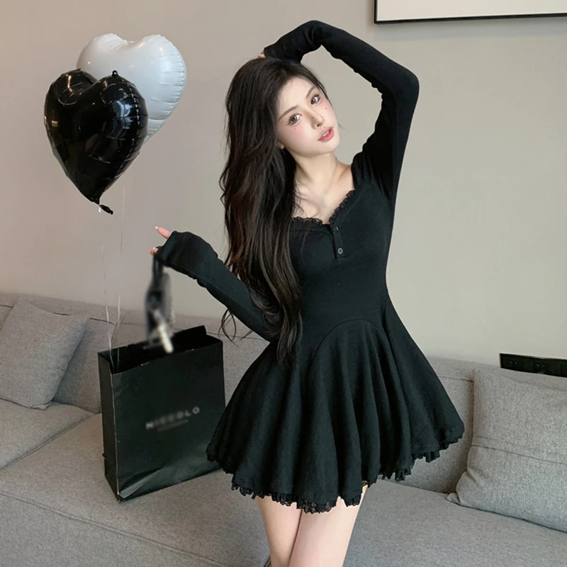 Sexy Korean Dress French Style Waist Closed Long Sleeve Collarbone Exposed Sweet