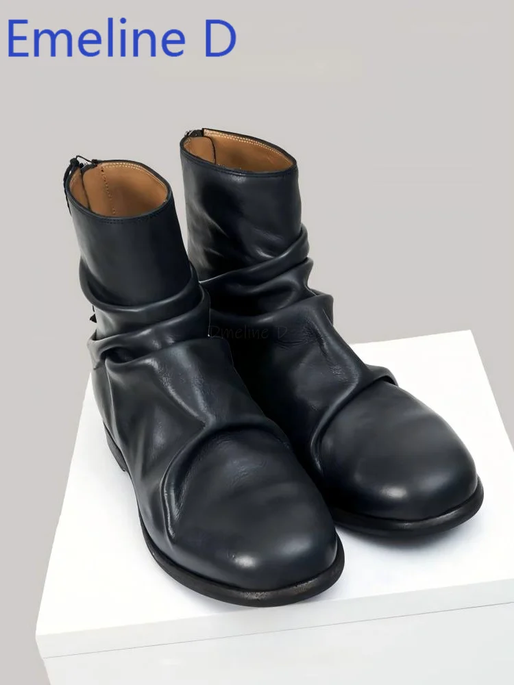 Wrinkled Soft Leather Short Boots Black Back Zipper Design Round Toe Low Heel Simple Style Versatile Casual High Top Boots