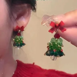 New Christmas Tree Dangle Earrings for Women Exquisite Cute Red Bow Earring Luxury Shiny Ear Accessories Trendy Festival Jewelry