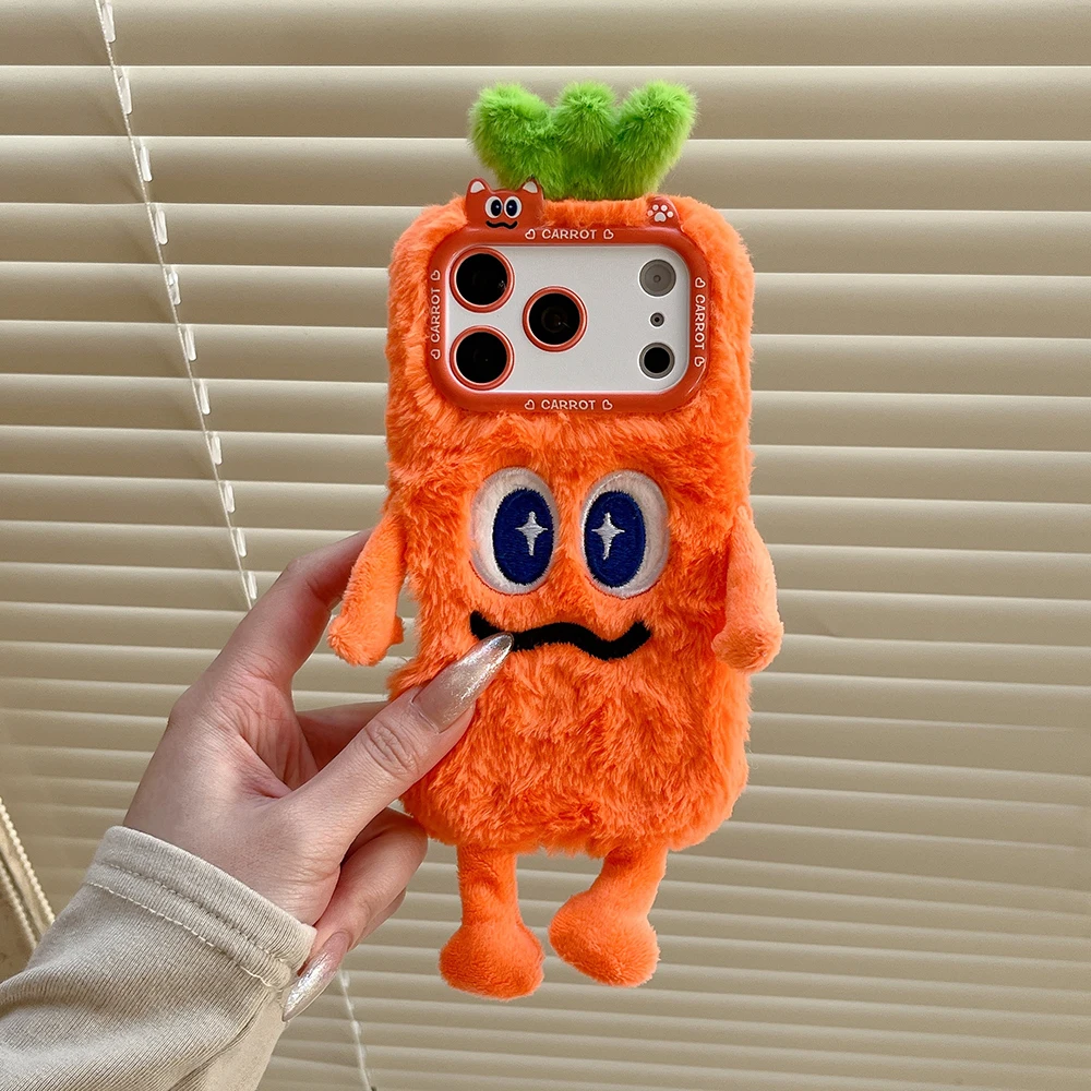 Kawaii Karotten-Angry-Erbsen-Plüsch-Schutzhülle für iPhone 13 14 15 16 Plus 17 Pro Max – Lustige 3D Winter-Warm-Kaninchenfell-Hülle – Detail 2