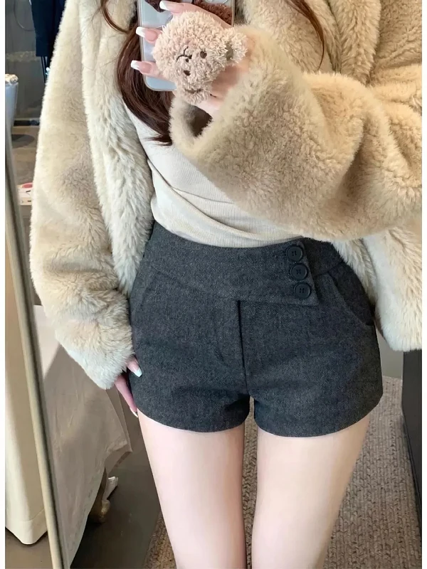 

Sexy High Waist Woolen orts for Women Autumn Winter Korean Sle A-Line Boot Pants plus Size Straight Cut Button Detail