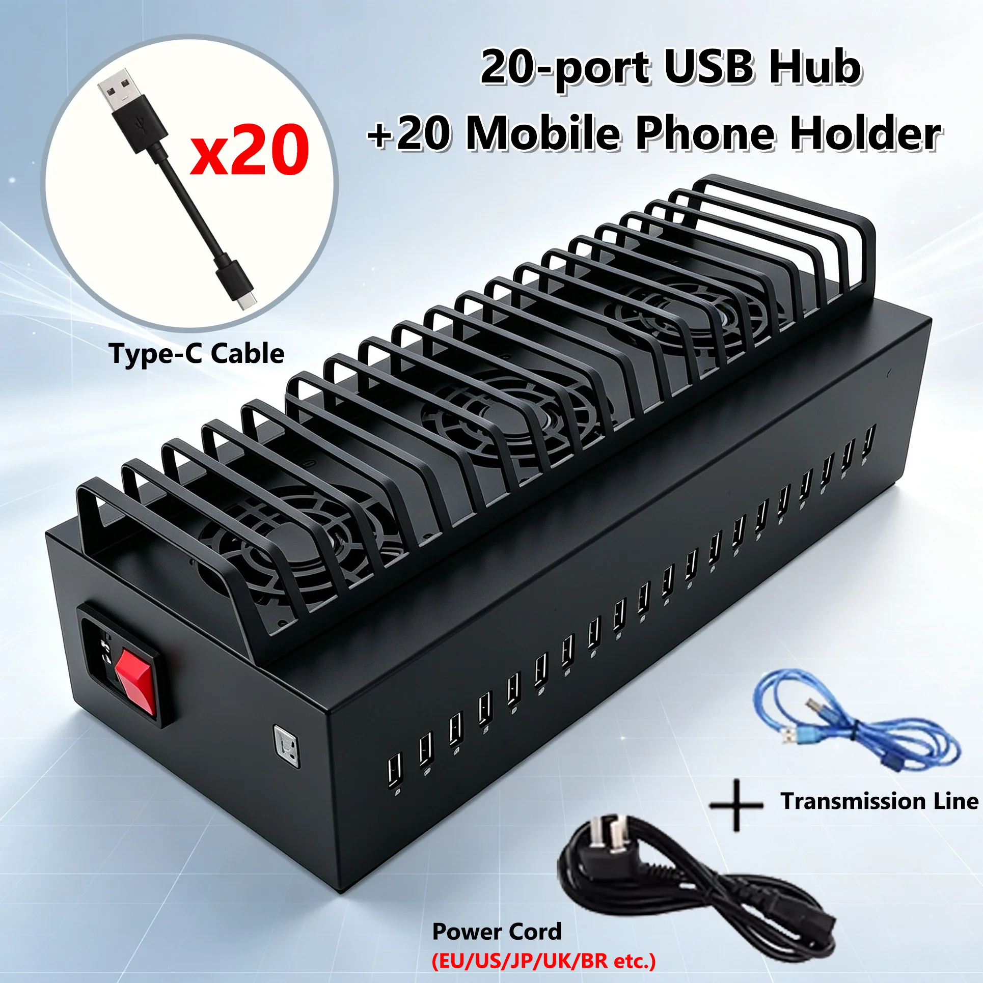 20 40 60Ports USB 2.0 Hub Chassis and Mobile Phone Support Farm Unified Management
