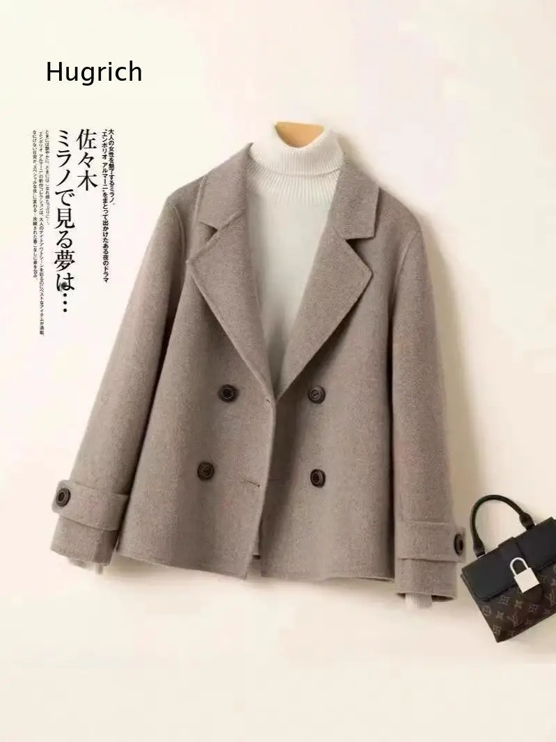 Women Double Breasted Short Double Faced Wool Coat Elegant Blazer Style Mid Length Woolen Outerwear for Ladies Casual Daily Wear