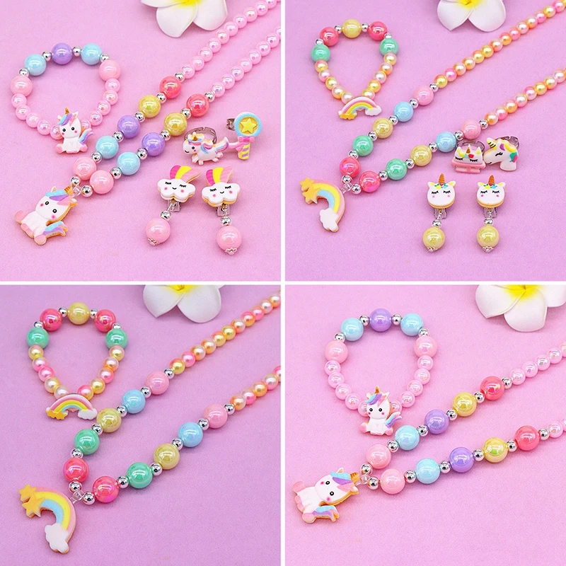 2/6pcs/set Children Necklace Bracelet Set Cute Unicorn Rainbow Necklace Bracelet For Little Girls Jewelry Set Wholesale