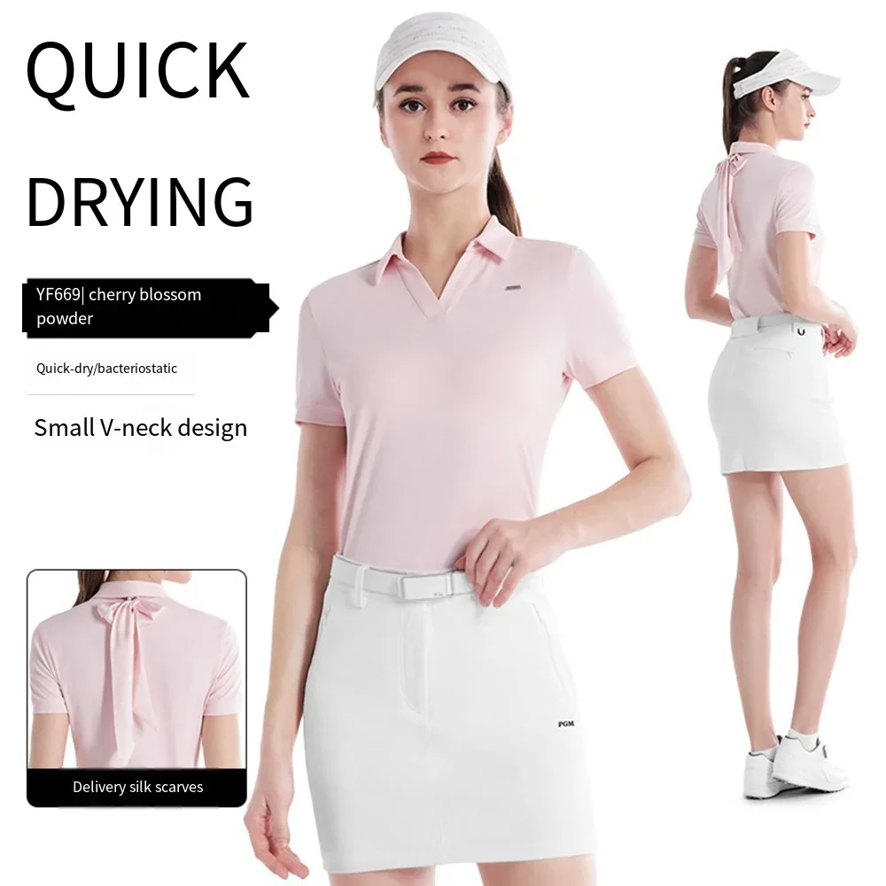 PGM Quick Drying Golf Sports T-shirt Lady High Elastic Short-sleeved Top Summer Breathable V-neck Polo Shirt YF669