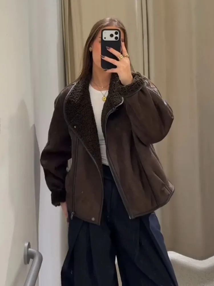 HH Women Winter Fashion Reversible Jacket Stand Collar Long Sleeves Pocket Asymmetrical Zipper Warm Coat Woman Casual Short Coat