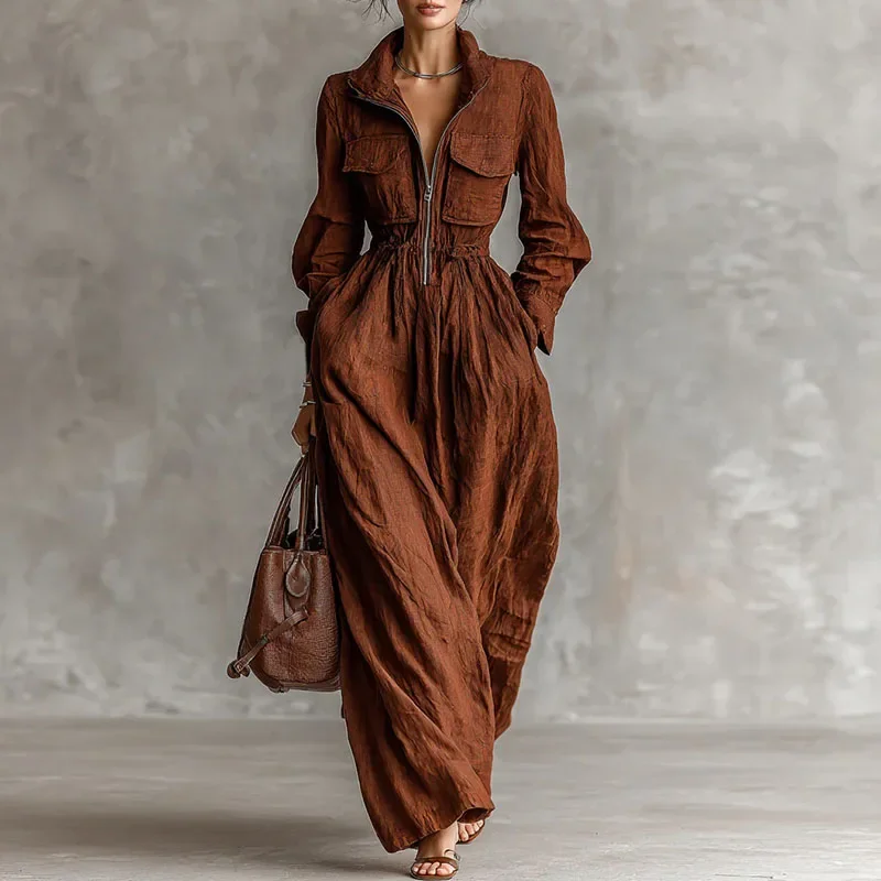 Women Lapel Zip Cargo Pocket Long Dress New Spring Solid Cotton Linen Maxi Dress Fall Long Sleeve Elastic Waist Loose Boho Dress