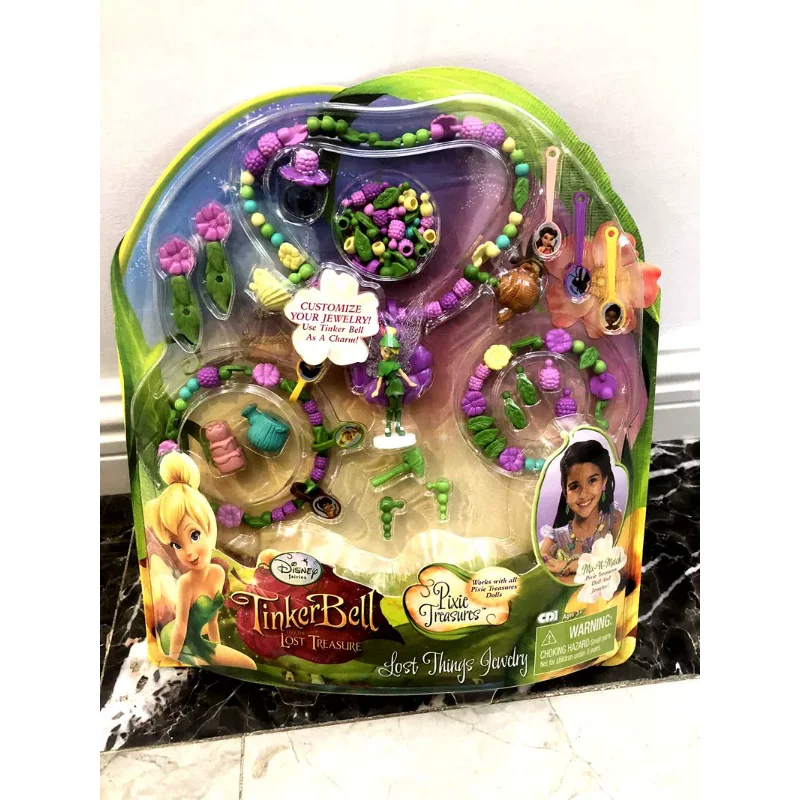 Genuine Disney Princess Figure Treasure Tinker Bell DIY Beading Necklace Set Ear Pendants Children Pearls Jewels Toy