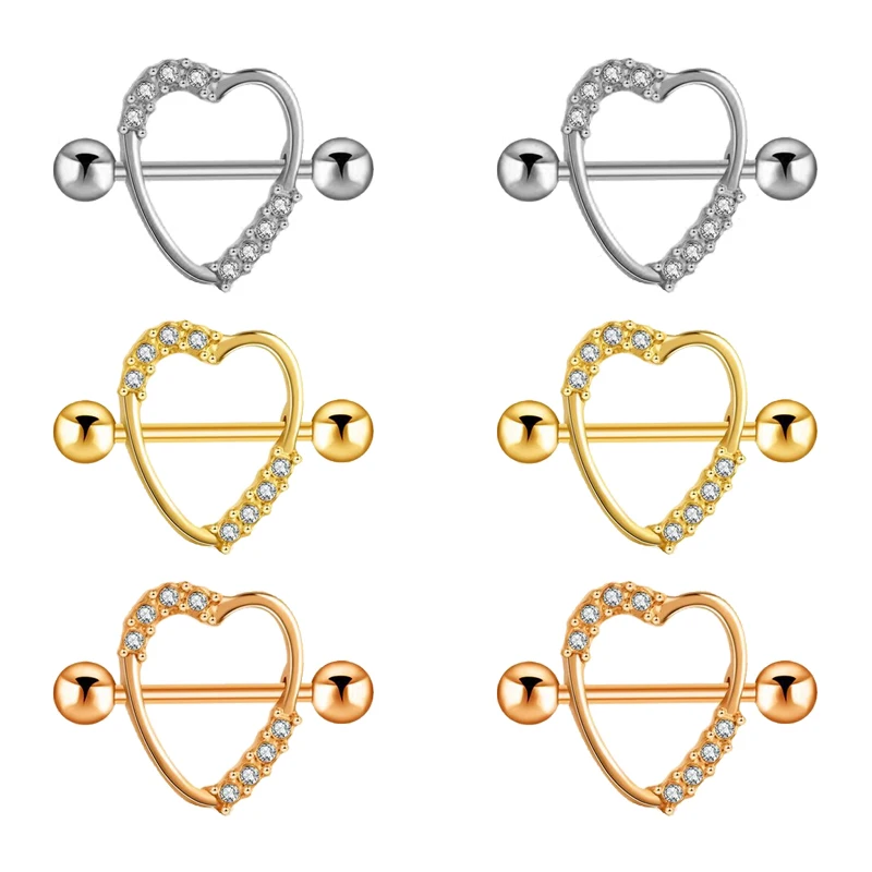 14G Stainless Steel Heart Nipple Rings Cubic Zirconia Love Heart Nipple Barbell Shield Studs Body Piercing Jewelry for Women