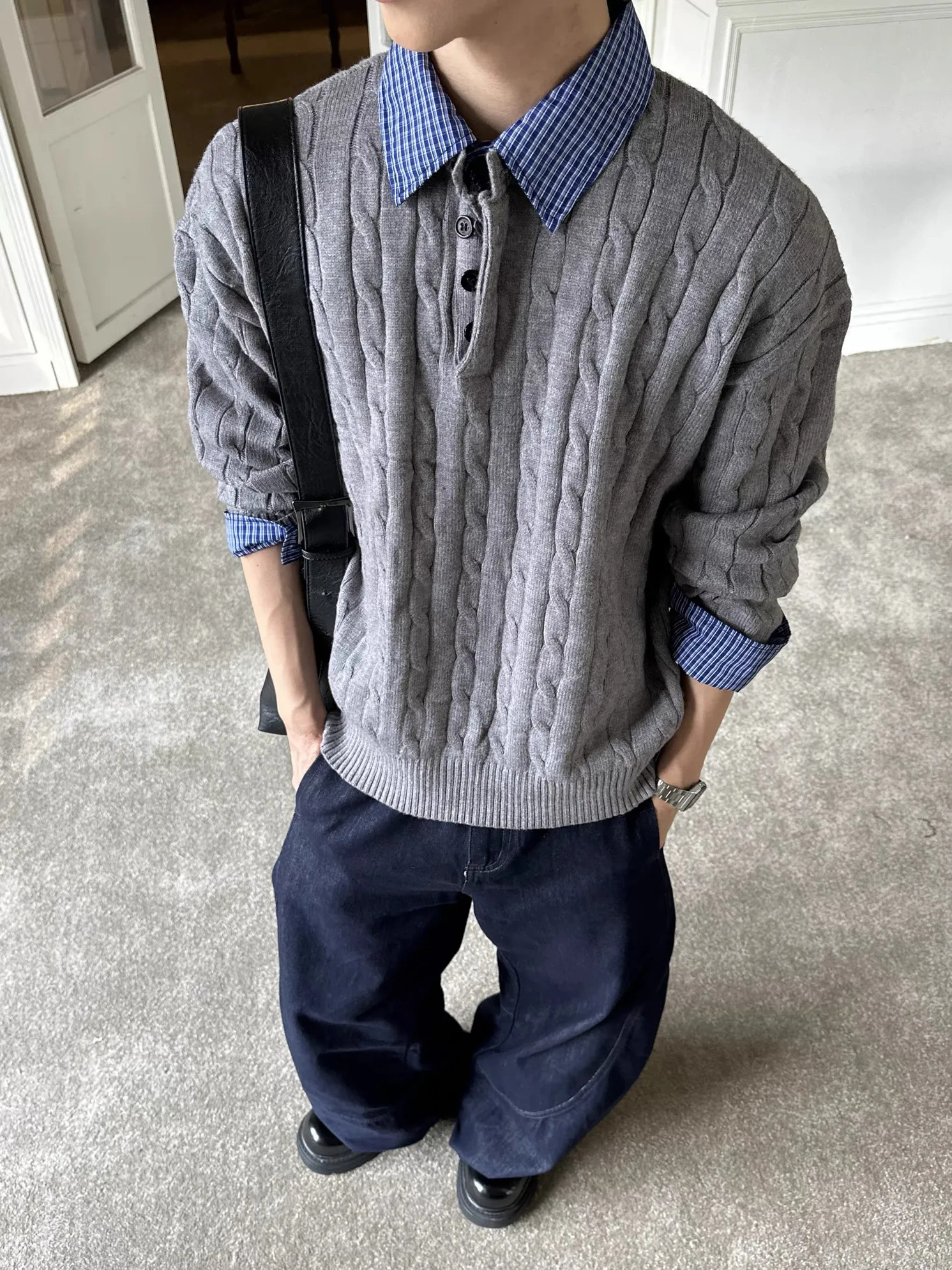 

American Sle Vintage Plaid Knitwear Casual Loose Men's Sweater Autumn Winter Lazy Matching All-ocn Long Sve Top