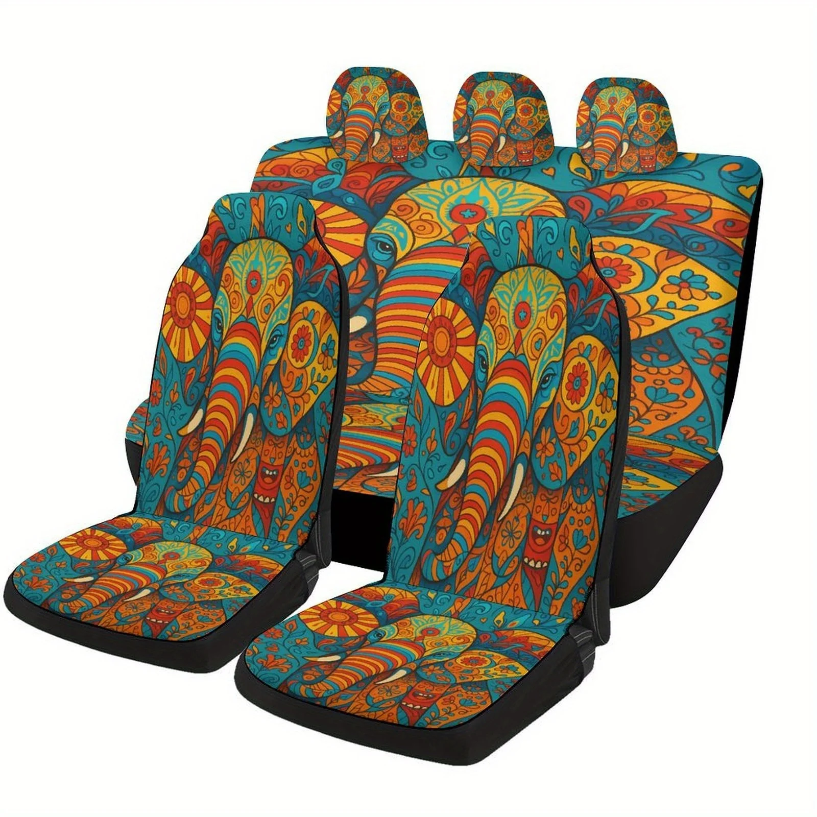 Colorful Elephant Art Themed Car Seat Cover Set For Most Cars, Fashion Novelty Car Seat Protector Covers Full Set, Universal Car