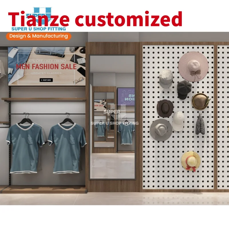 (customized)Customized Men Clothing Pegboard Wall Display Furniture Trendy Led Lighting Garment Display Shelf Design