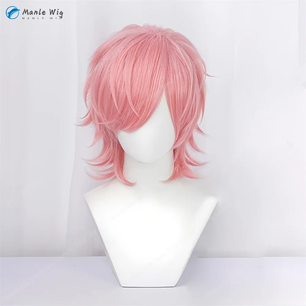 Wig Cosplay Ayato Yuri 40Cm Wig Keriting Merah Muda untuk Pria Kostum Cosplay Wig Anime Rambut Sintetis Tahan Panas Halloween + Topi Wig