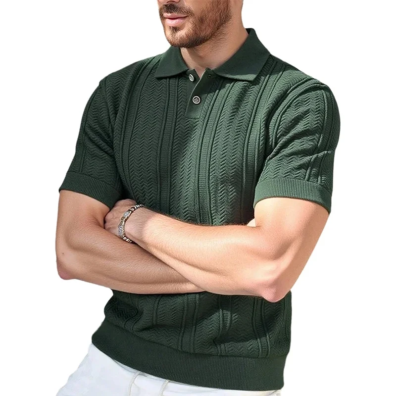 Men's Knit Polo Shirts Casual Short Sleeve Button Down Shirts Crochet Classic Golf Polo Collared Shirts Party Male Summer Tops