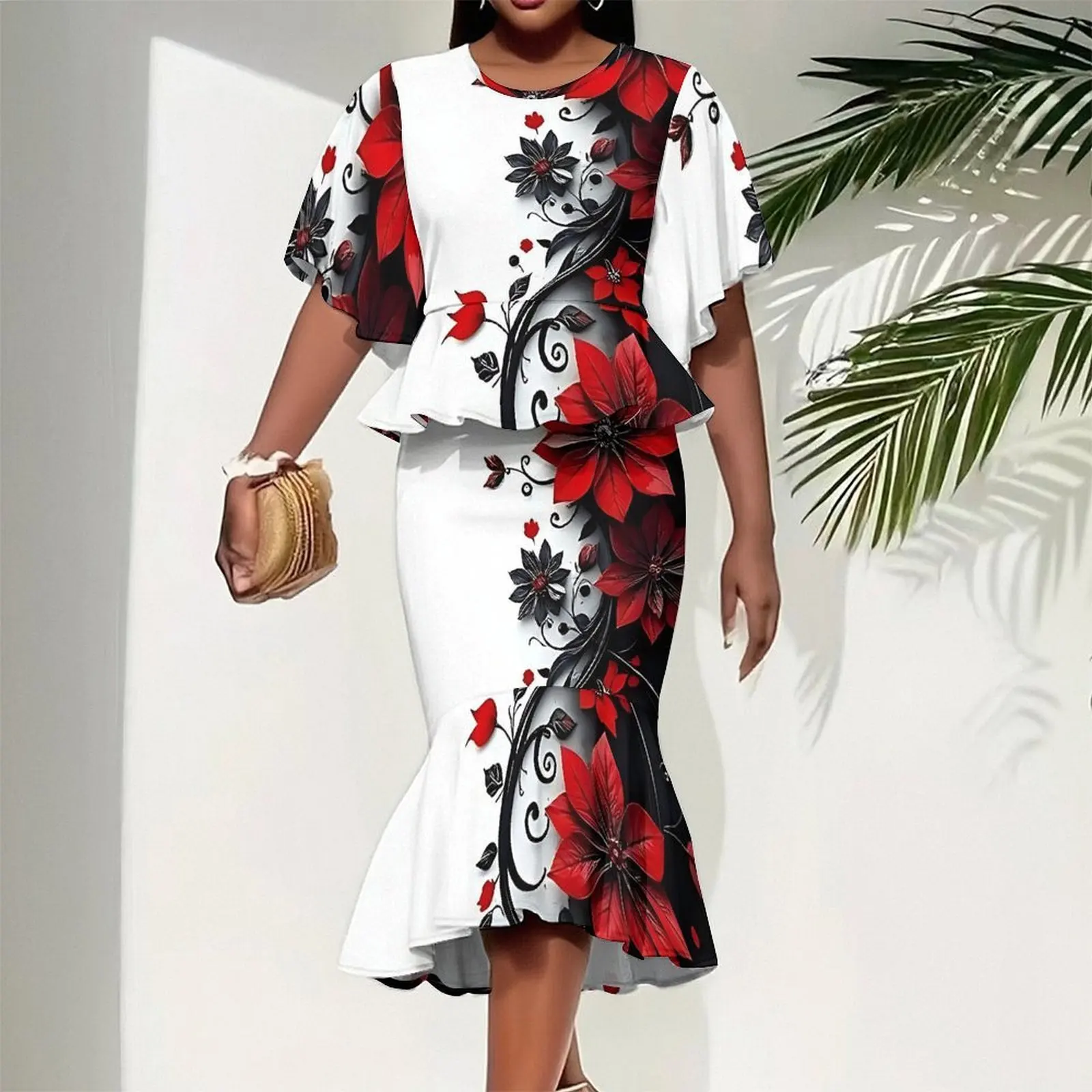 Summer Round Neck Party Skirt Ladies Sexy Two Piece Set Women's Fishtail Skirt Casual Set Fashion Slim Skirt